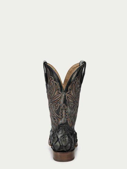 Men's Corral Green cowboy boot featuring black pirarucu fish leather foot and detailed embroidered leather shaft with pull-on straps