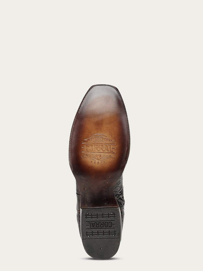 Men's Corral Honey Genuine American Alligator Boots with Inlay showing brown leather sole with embossed branding and rubber heel cap