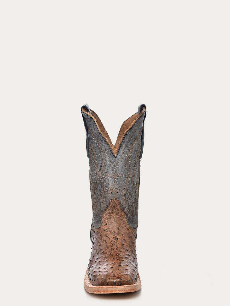 Men's Corral Navy Blue Genuine Full Quill Ostrich Boots with brown quill-textured leather vamp and embroidered gray shaft