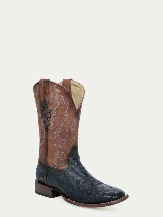Men's Corral Navy Blue Genuine Full Quill Ostrich Boots in dark navy quill leather with a brown embroidered shaft and pointed toe.