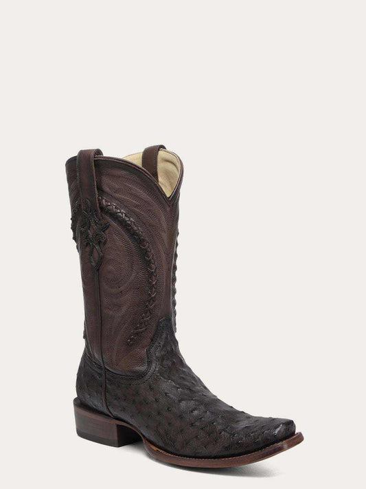 Men's Corral Tobacco Genuine Full Quill Ostrich Boots with Embroidery in rich brown leather featuring handwoven and embroidered 12-inch shaft