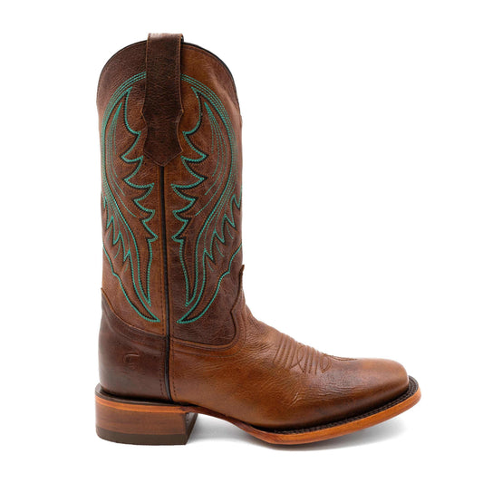 Men's Ferrini Beau Leather Boots in brown leather, featuring turquoise embroidered shaft detailing and a square toe