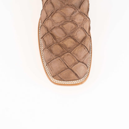 Men's Ferrini Boots in brown leather with a distinctive textured fish-scale print vamp and stitched square toe