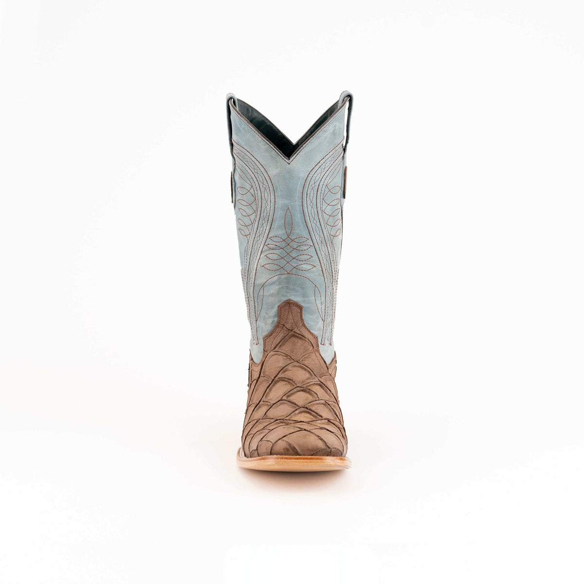 Men's Ferrini Boots in brown pirarucu-print leather with a pale blue embroidered shaft and square toe