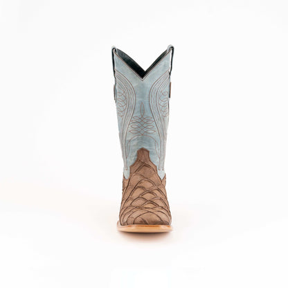 Men's Ferrini Boots in brown pirarucu-print leather with a pale blue embroidered shaft and square toe