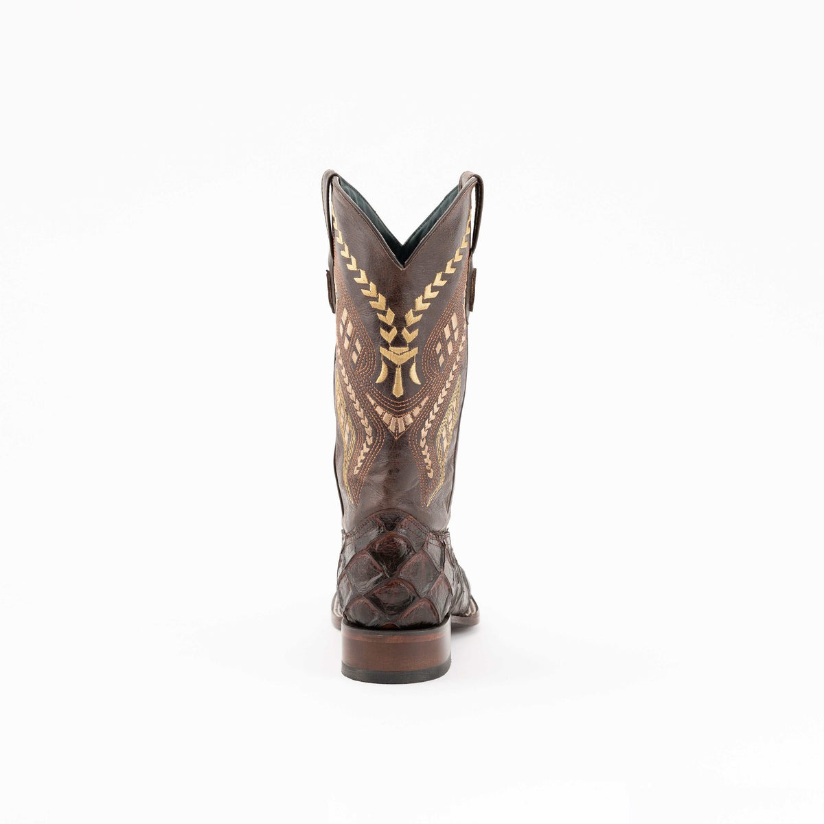 Men's Ferrini Boots in chocolate leather with textured pirarucu-print shaft and intricate tan embroidered detailing