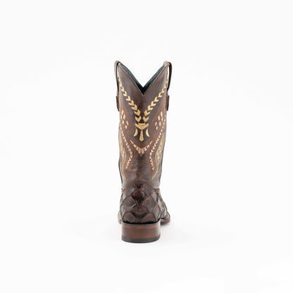 Men's Ferrini Boots in chocolate leather with textured pirarucu-print shaft and intricate tan embroidered detailing