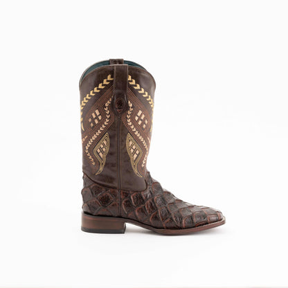 Men's Ferrini Boots in chocolate brown leather with pirarucu-scale print vamp, square toe and embroidered shaft