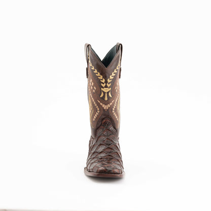 Men's Ferrini Boots in chocolate leather with a textured pirarucu-print vamp, embroidered shaft and square toe.