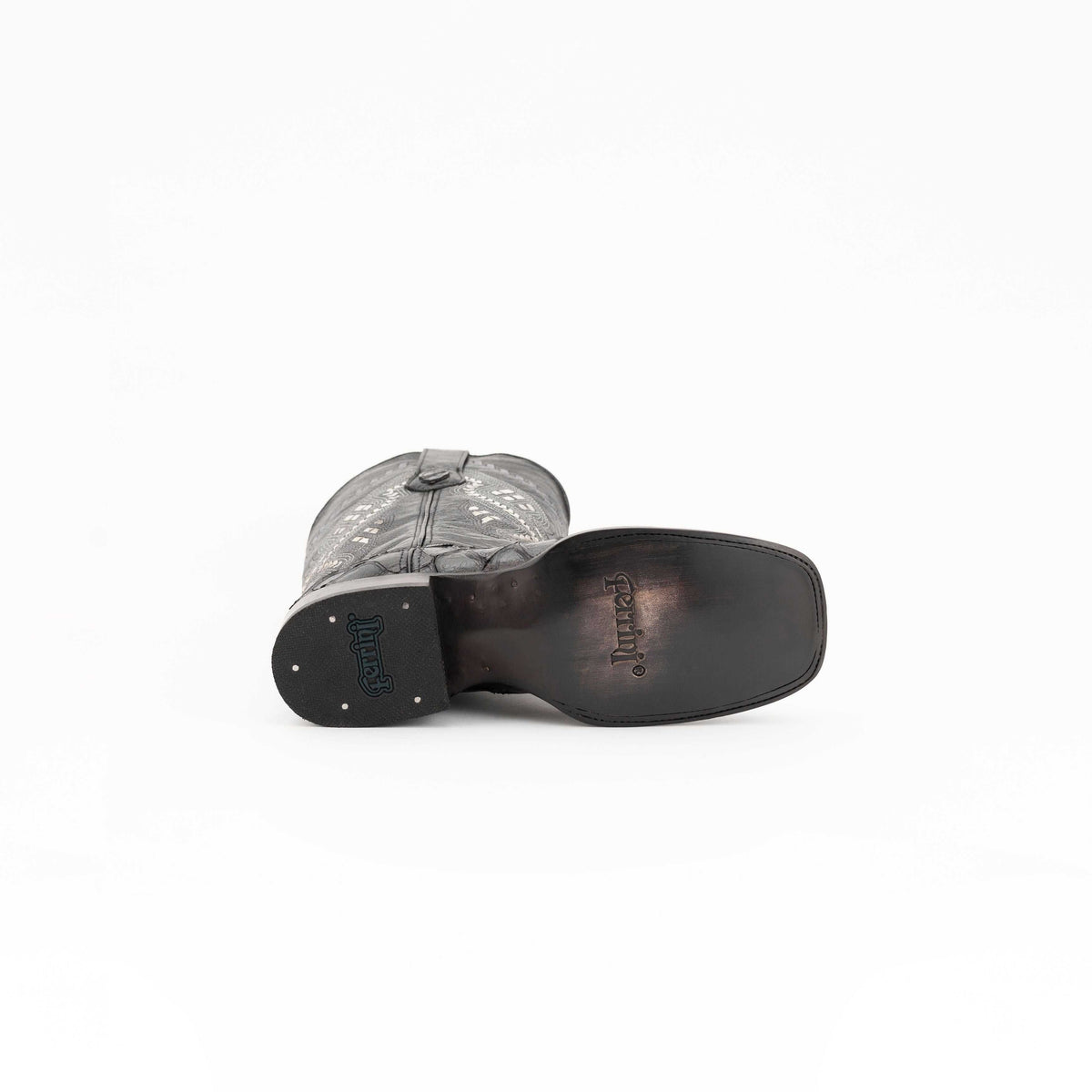 Men's Ferrini Bronco Pirarucu Print Boots in black, showing leather soles, embossed Ferrini branding, and textured print shaft
