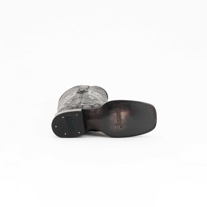 Men's Ferrini Bronco Pirarucu Print Boots in black, showing leather soles, embossed Ferrini branding, and textured print shaft