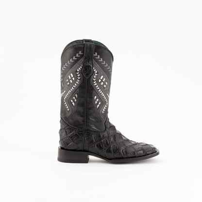 Men's Ferrini Bronco Pirarucu Print Boots in black with textured scale-print leather, stitched shaft and square toe