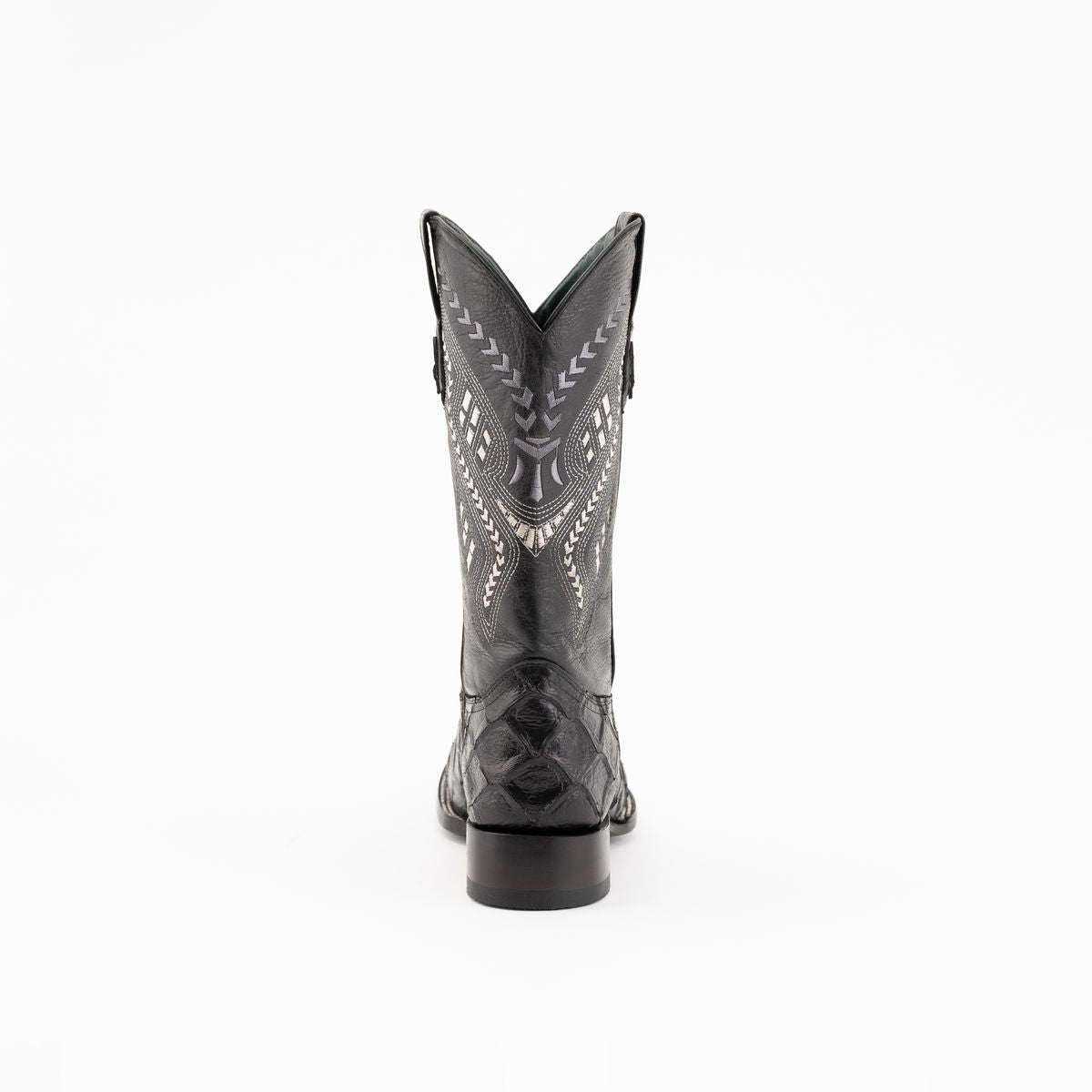 Men's Ferrini Bronco Pirarucu Print Boots in black leather with white stitched shaft detailing and a block heel, shown from the rear