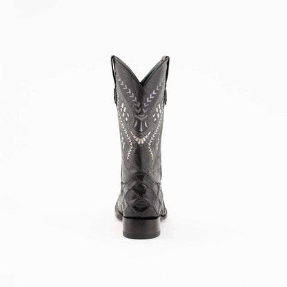 Men's Ferrini Bronco Pirarucu Print Boots in black leather with white stitched shaft detailing and a block heel, shown from the rear