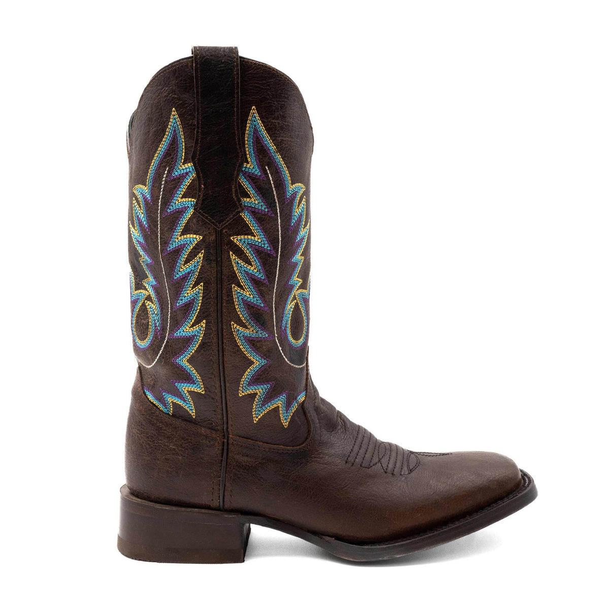 Men's Ferrini Chase Leather Boots in dark chocolate leather with a square toe and colorful embroidered shaft pattern