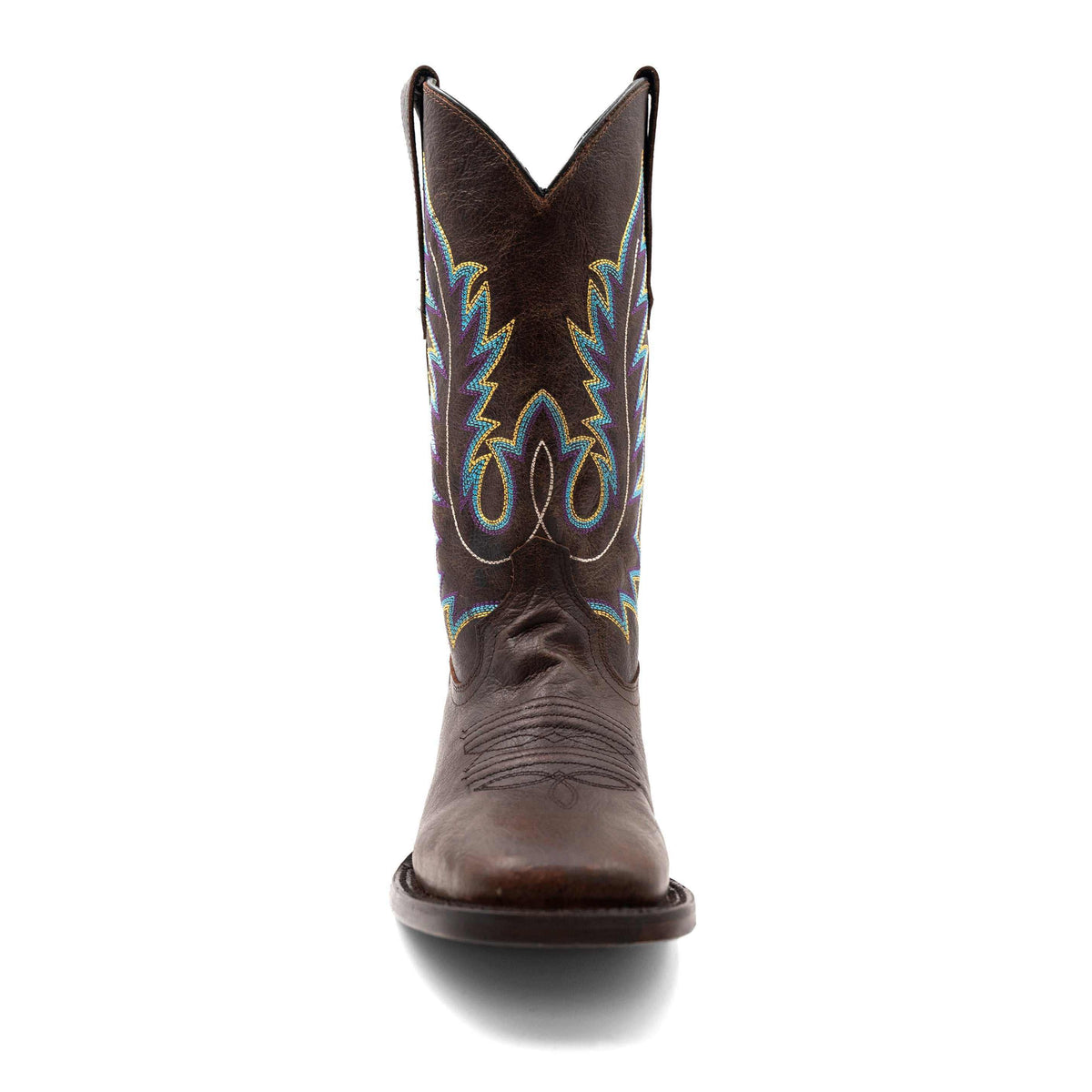 Men's Ferrini Chase Leather Boots in dark chocolate leather with a square toe and colorful embroidered shaft