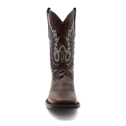 Men's Ferrini Chase Leather Boots in dark chocolate leather with a square toe and colorful embroidered shaft