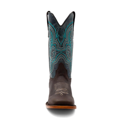 Men's Ferrini Clint Leather Boots in dark brown leather with teal and gray embroidered shaft patterns and square toes