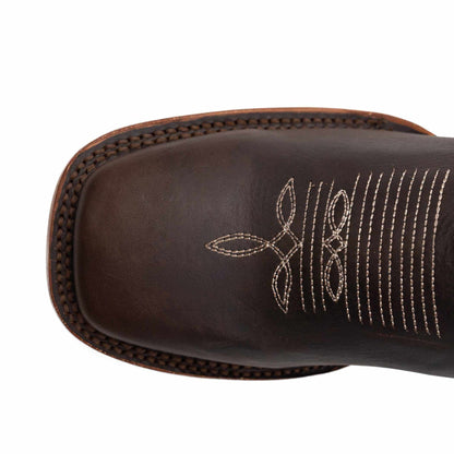 Men's Ferrini Clint Leather Boots in dark chocolate leather with a square toe and decorative cream stitching