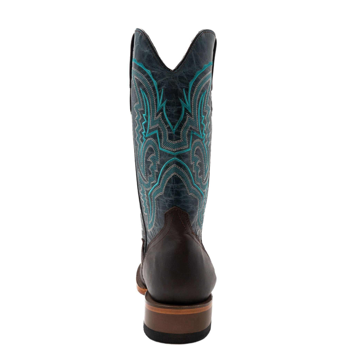 Men's Ferrini Clint Leather Boots in dark chocolate leather, shown from the back with turquoise stitched shaft patterns and stacked heel