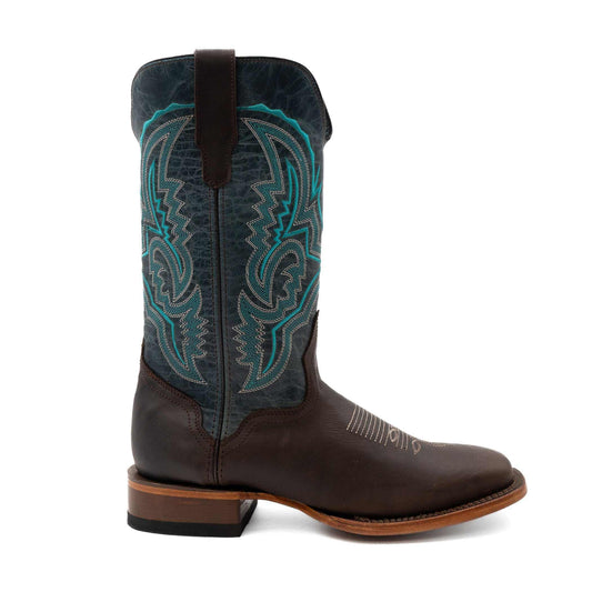 Men's Ferrini Clint Leather Boots in dark brown leather, with a square toe and turquoise embroidered shaft