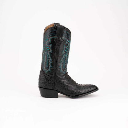 Men's Ferrini Colt cowboy boot in black full-quill ostrich leather with turquoise stitching and a pointed toe