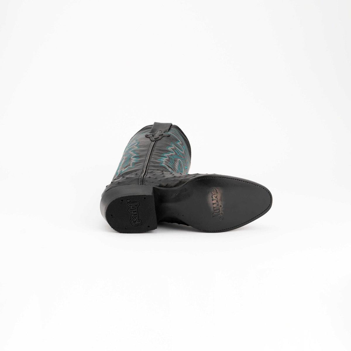 Men's Ferrini Colt cowboy boots with black leather soles, grey shafts, and turquoise stitched patterns
