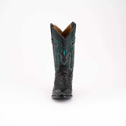 Men's Ferrini Colt cowboy boot in black full quill ostrich leather with turquoise embroidered shaft and pointed toe
