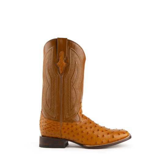 Men's Ferrini Colt cowboy boot in cognac ostrich leather with full-quill vamp, stitched shaft and square toe