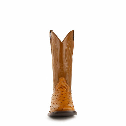 Men's Ferrini Colt cowboy boot in cognac leather with distinctive full quill ostrich vamp and stitched shaft