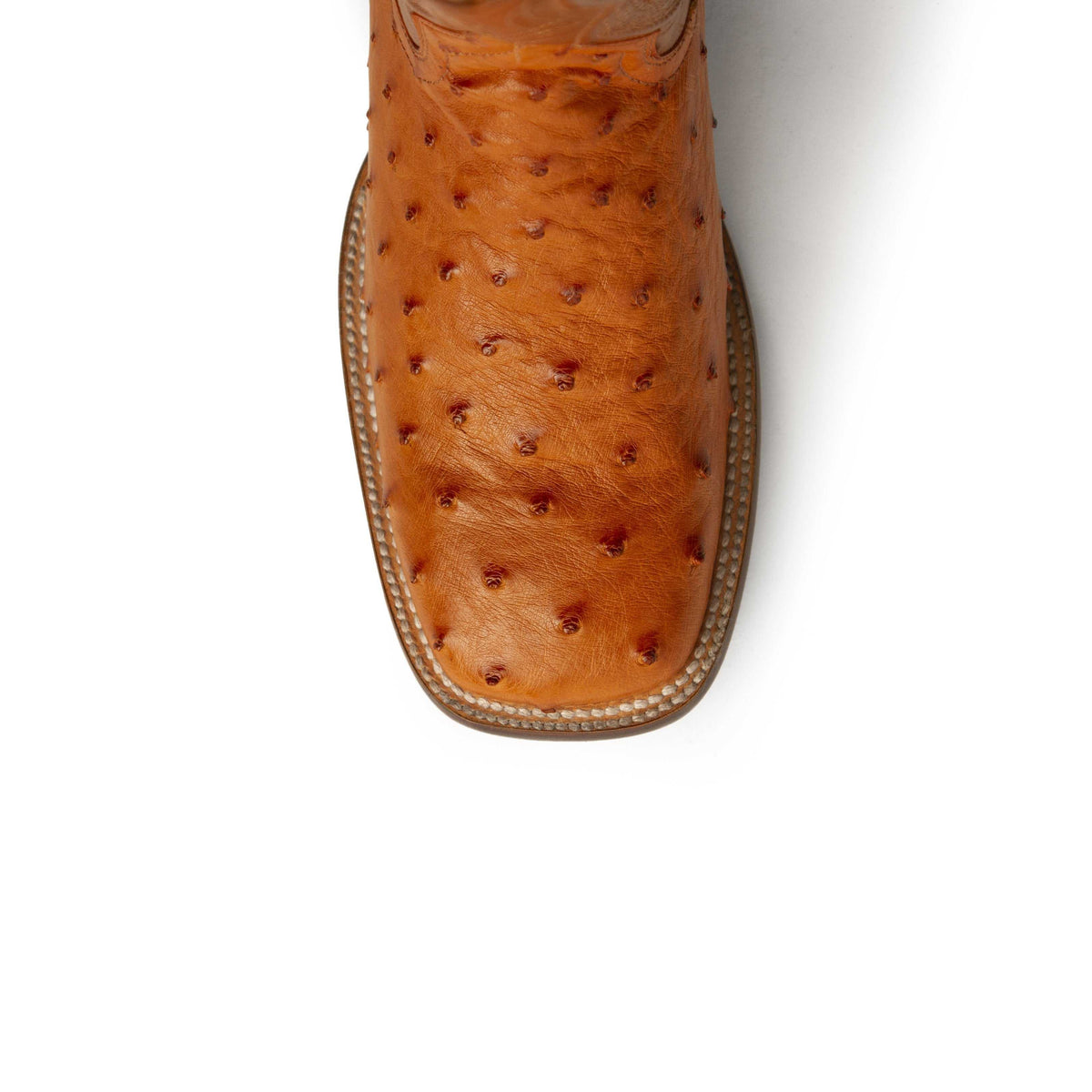 Men's Ferrini Colt boot with a cognac full quill ostrich leather vamp, textured quills and stitched square toe.