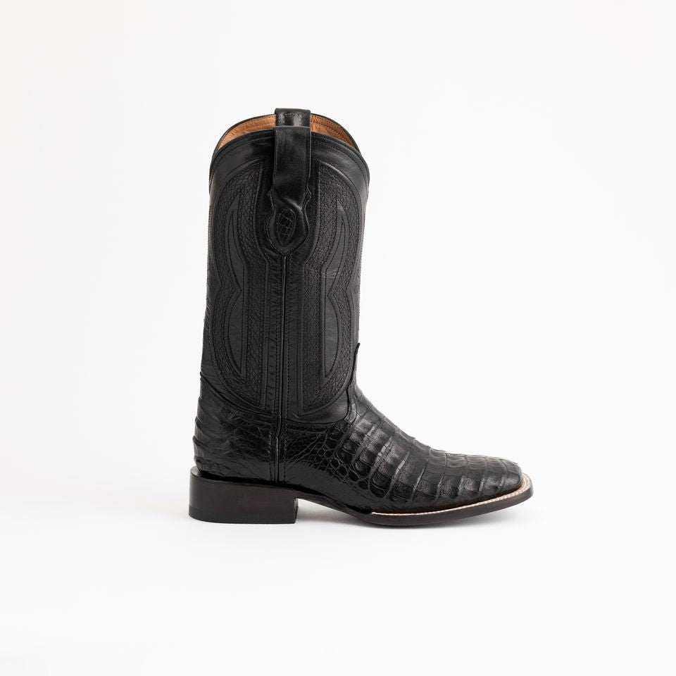Men's Ferrini Dakota cowboy boot in black caiman belly leather, with a square toe, stitched shaft and low heel