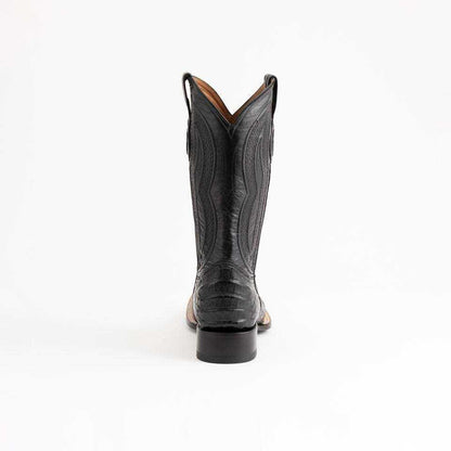 Men's Ferrini Dakota cowboy boot in black leather with stitched shaft detailing, caiman belly texture and stacked heel