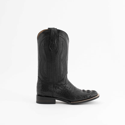 Men's Ferrini Dakota black leather cowboy boot with embossed hornback caiman texture, stitched shaft and square toe