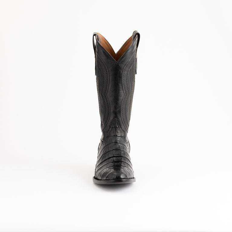 Men's Ferrini Dakota Caiman Belly Boots in black leather, showing textured caiman belly scales and a pointed cowboy shaft