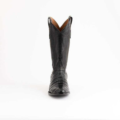 Men's Ferrini Dakota Caiman Belly Boots in black leather, showing textured caiman belly scales and a pointed cowboy shaft