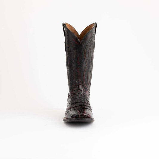 Men's Ferrini Dakota Caiman Hornback Boots in dark black cherry leather with ridged caiman texture and stitched shaft
