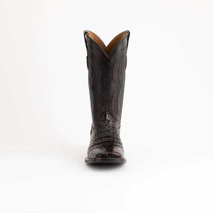 Men's Ferrini Dakota Caiman Hornback Boots in dark black cherry leather with ridged caiman texture and stitched shaft