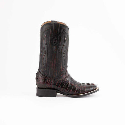 Men's Ferrini Dakota Caiman Hornback Boots in dark black cherry leather with textured caiman vamp and square toe