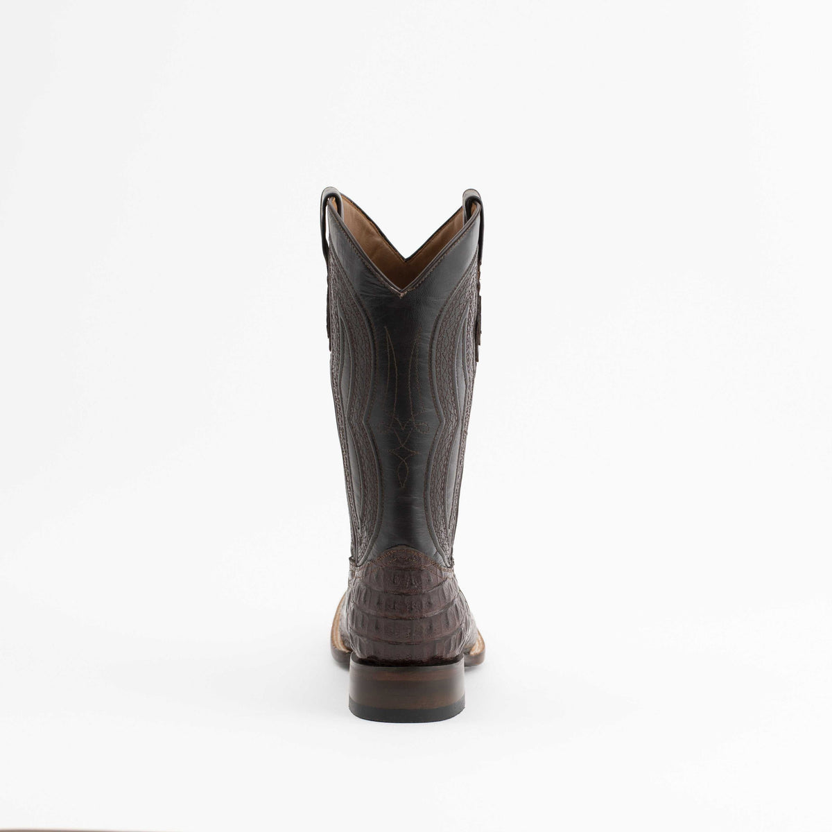 Men's Ferrini Dakota Caiman Hornback Boots in dark chocolate leather with embossed hornback scales, stitched shaft and block heel