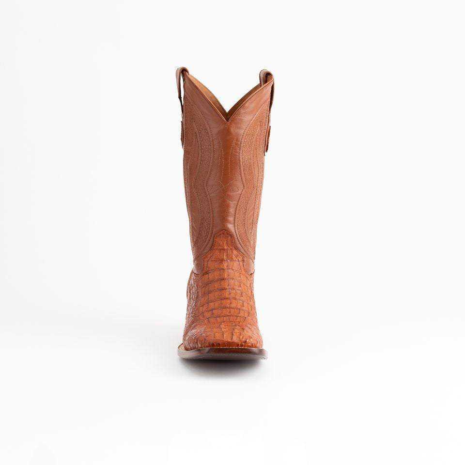 Men's Ferrini Dakota Caiman Hornback Boots in cognac leather with textured hornback vamp and tall stitched shaft