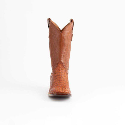 Men's Ferrini Dakota Caiman Hornback Boots in cognac leather with textured hornback vamp and tall stitched shaft