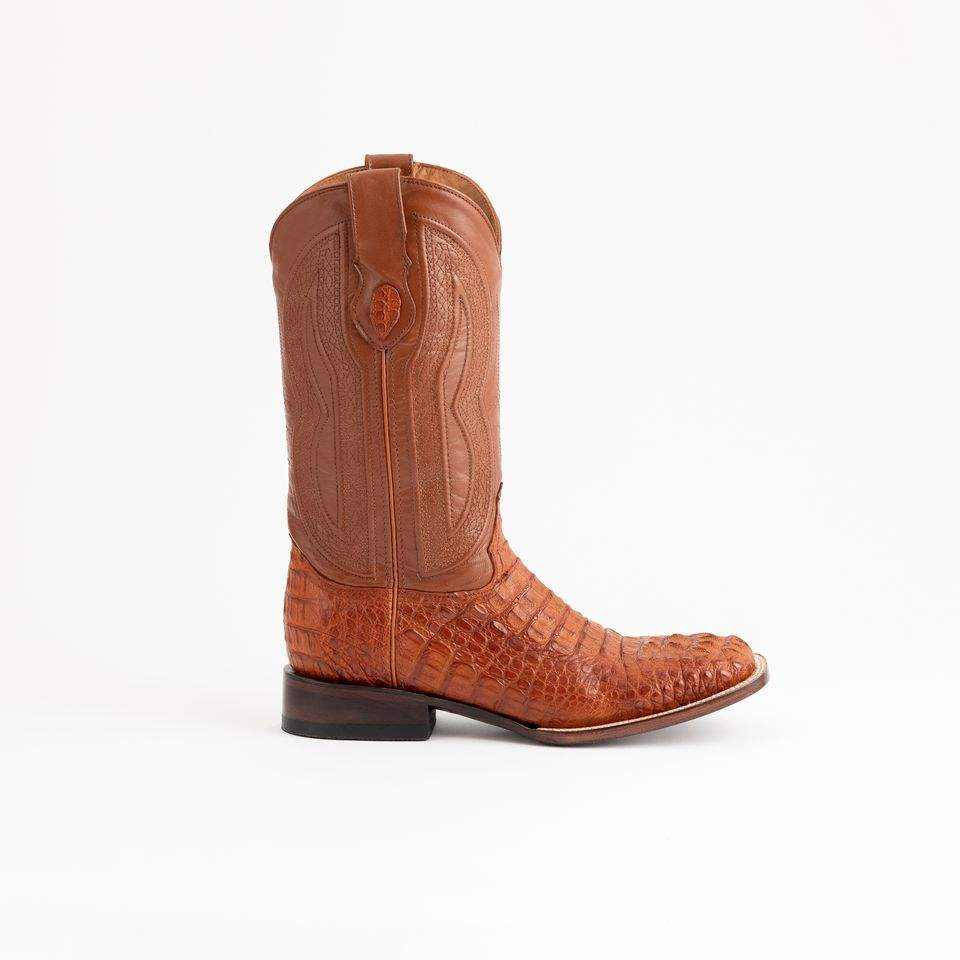 Men's Ferrini Dakota Caiman Hornback Boots in cognac leather with textured caiman vamp, stitched shaft, and square toe
