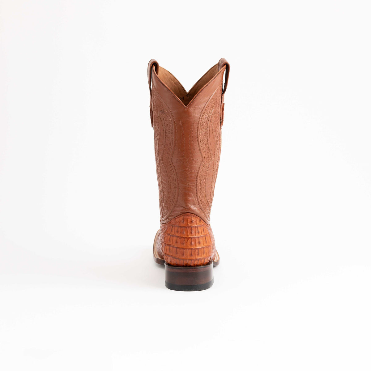Men's Ferrini Dakota Caiman Hornback Boots in cognac leather, featuring a textured hornback heel and stitched shaft