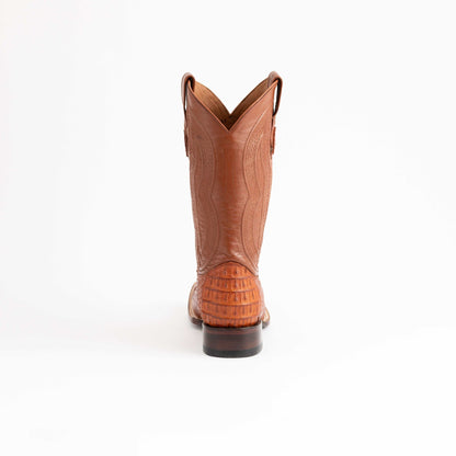 Men's Ferrini Dakota Caiman Hornback Boots in cognac leather, featuring a textured hornback heel and stitched shaft