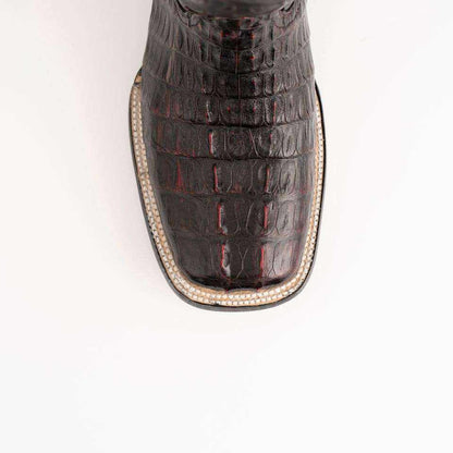Men's Ferrini Dakota Caiman Hornback Boots in dark cherry leather with a glossy, raised caiman hornback pattern and square toe