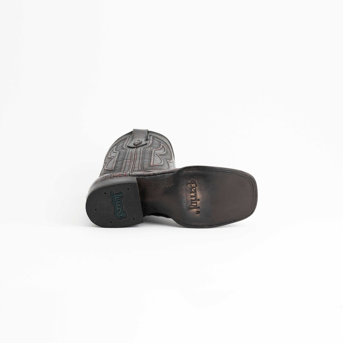 Men's Ferrini Dakota Caiman Hornback Boots with dark leather soles, stamped heel and embroidered gray shaft