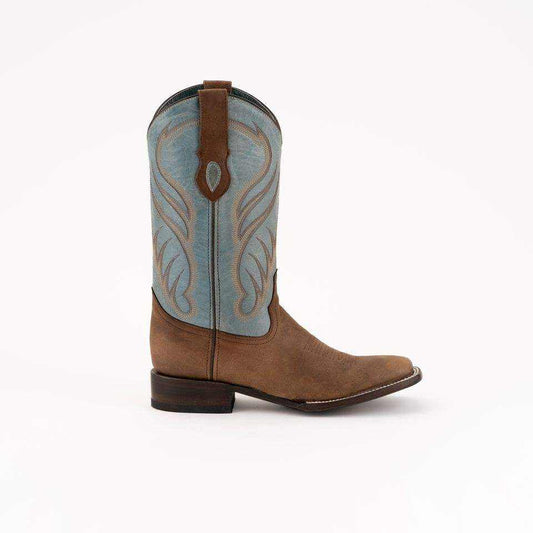 Men's Ferrini Hunter Leather Boots in brown leather with a light blue shaft, decorative stitching and square toe