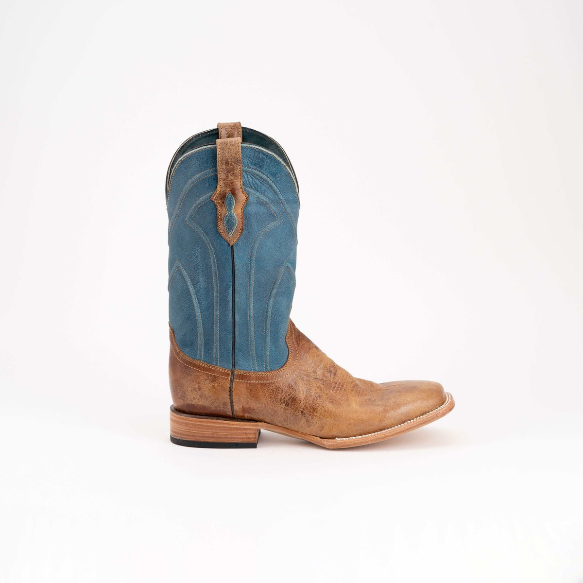 Men's Ferrini Maddox Leather Boots in brown distressed leather with a blue shaft, tan stitching and square toe