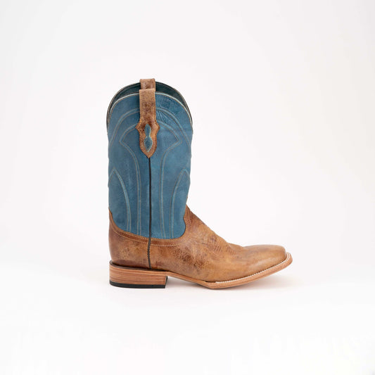 Men's Ferrini Maddox Leather Boots in brown distressed leather with a blue shaft, tan stitching and square toe